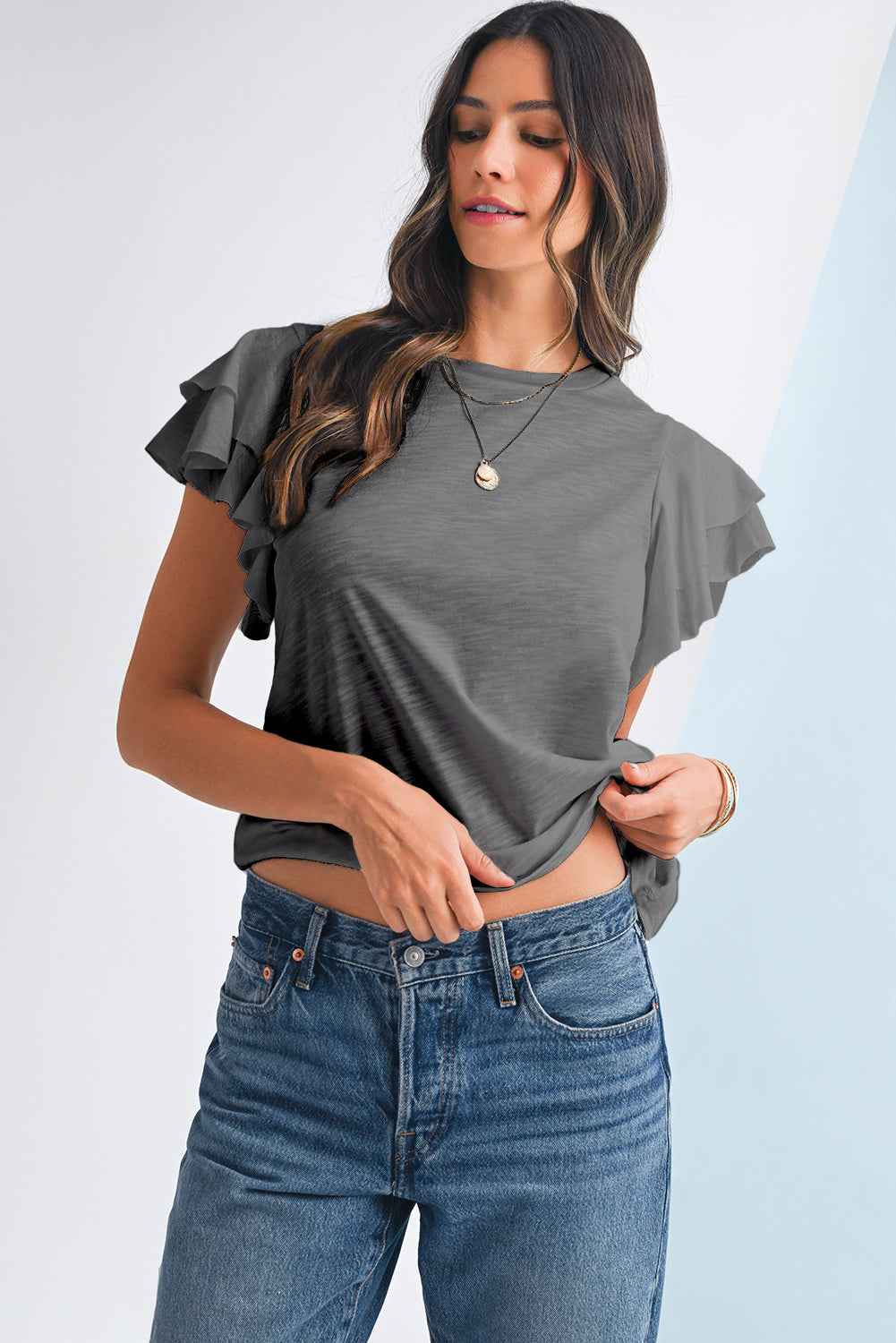 Dark Grey Ruffle Sleeve Plain Blouse ec1d5d91561f0167