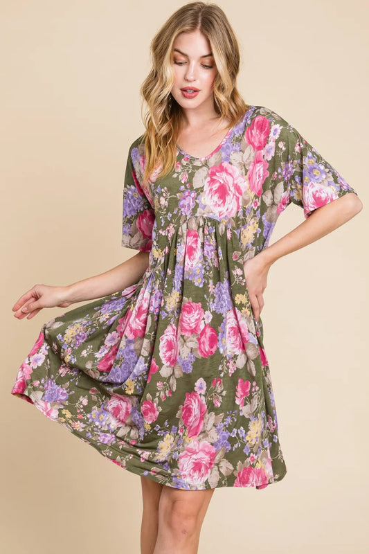 Flower Print V-Neck Ruched Dress - Made in USA ec22252d-b3b4-49ca-ba52-5b522c7bee5d-Max