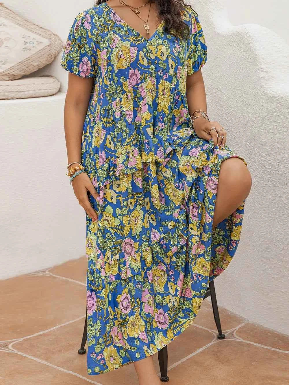 Plus Size Printed V-Neck Short Sleeve Maxi Dress ec2485ea-229a-41a8-9667-9772f10c453d-Max