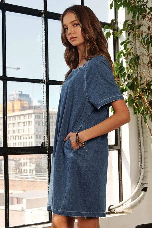 ADORA Raw Hem Mini Denim Dress with Pockets ec27381c-0351-4028-8170-0e22572fe70b-Max