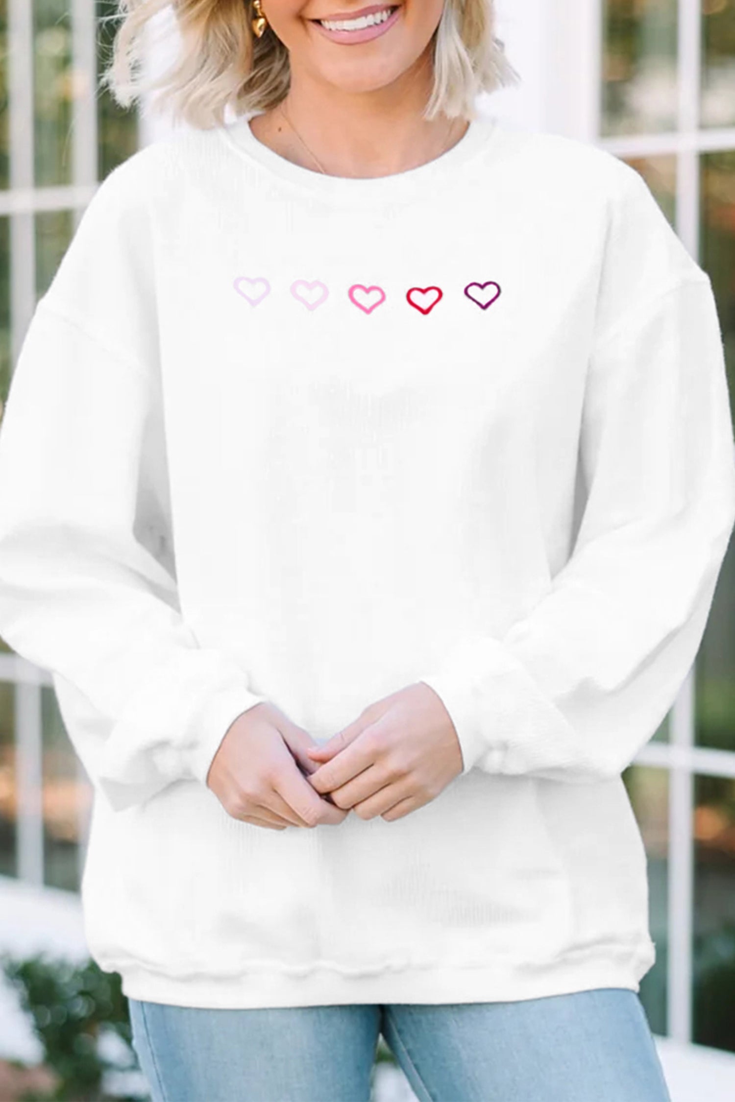 Pink 3d Ribbed XOXO Heart Embroidered Drop Shoulder Sweatshirt White 98%Cotton+2%Elastane ec28b82fff740b1e