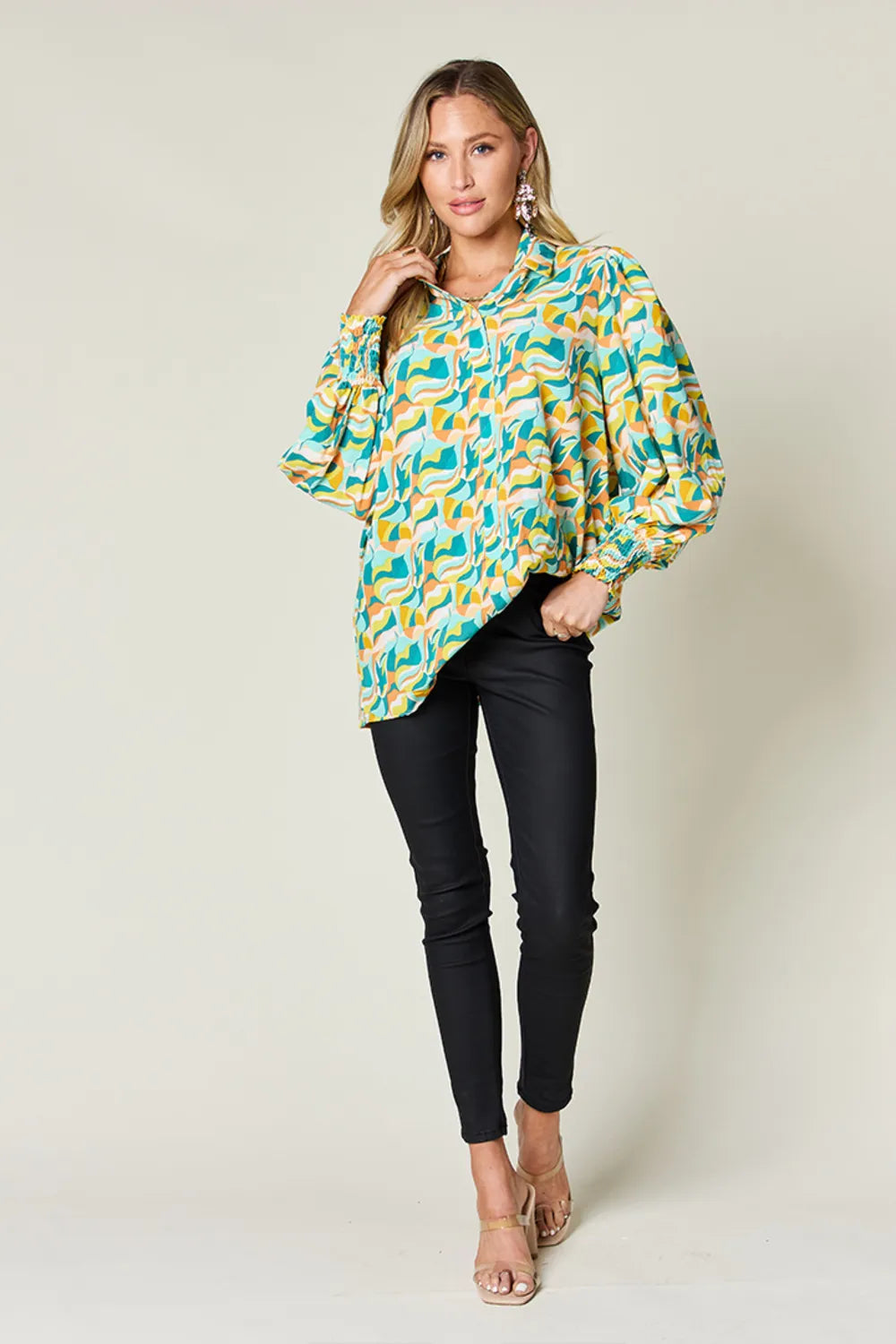 Double Take Full Size Printed Smocked Long Sleeve Blouse ec293b2f-5f29-4547-ada7-bfd1d77e812f-Max