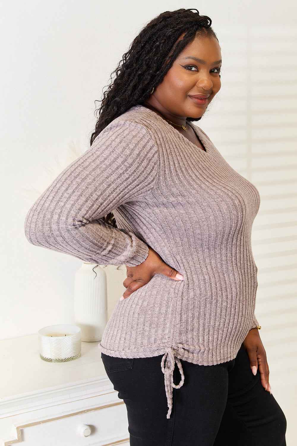 Double Take Drawstring Ribbed Long Sleeve T-Shirt ec29c1653e4141cc883e00a61959abeb-Max