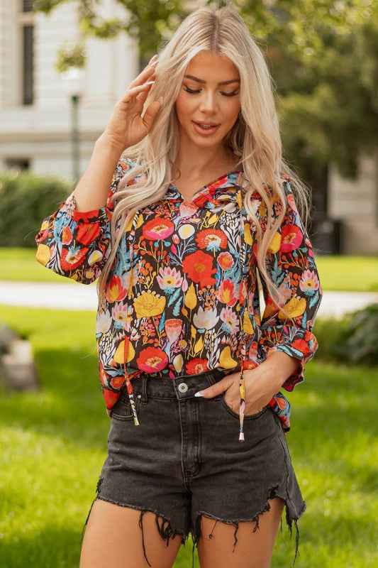 Floral 3/4 Puff Sleeve Tied Neck Blouse ec2ff6b9-b3dc-4033-be55-afd156955e08