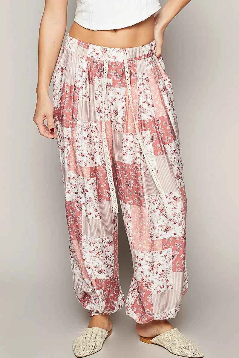 POL Drawstring Floral Patchwork Wide leg Pants ROSE MULTI ec361821-cb99-4463-a2c5-3754089bbc69-Max-Origin