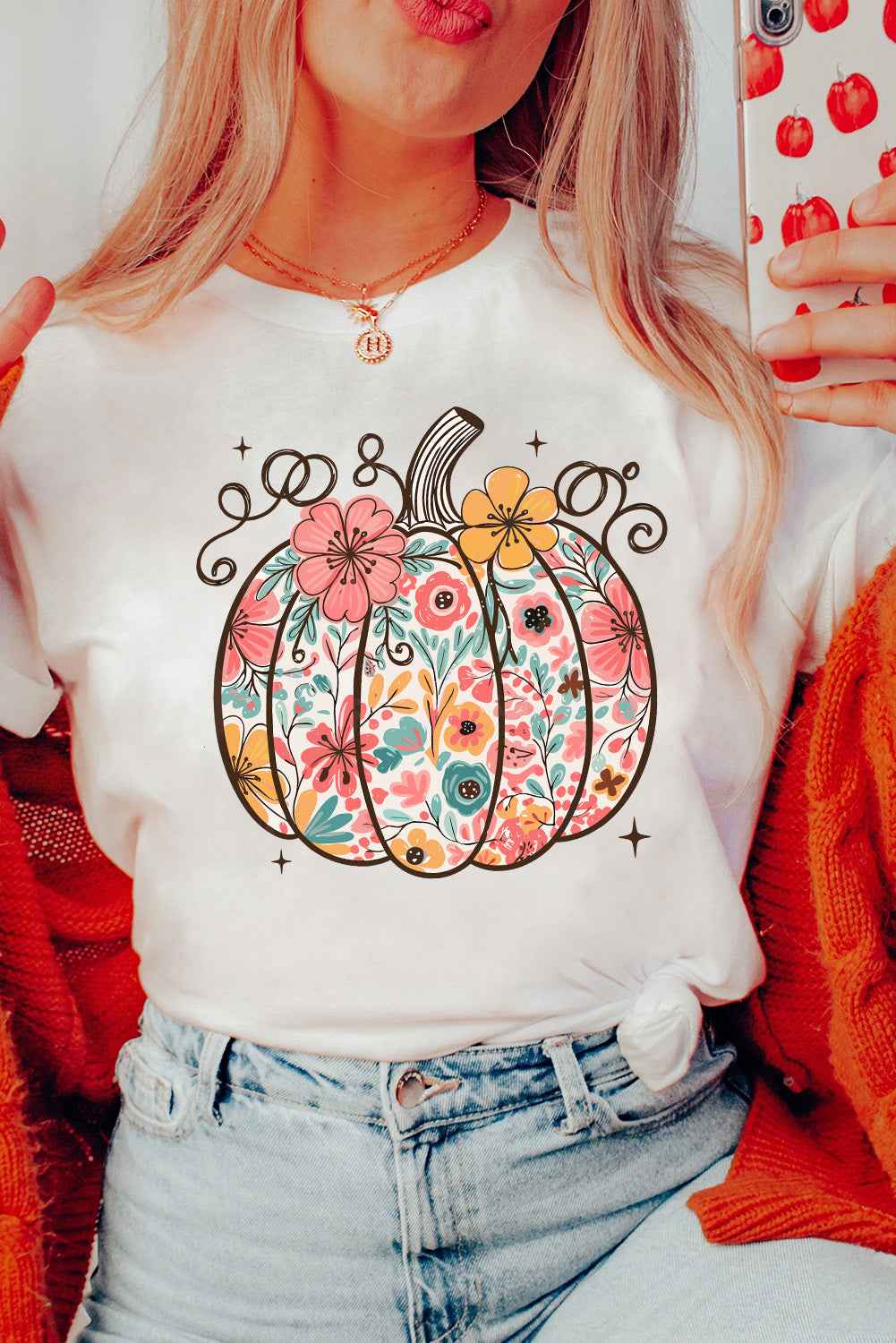 White Floral Pumpkin Heat Transfer Printing Cotton Blend T Shirt White 62%Polyester+32%Cotton+6%Elastane ec3803f38143e842