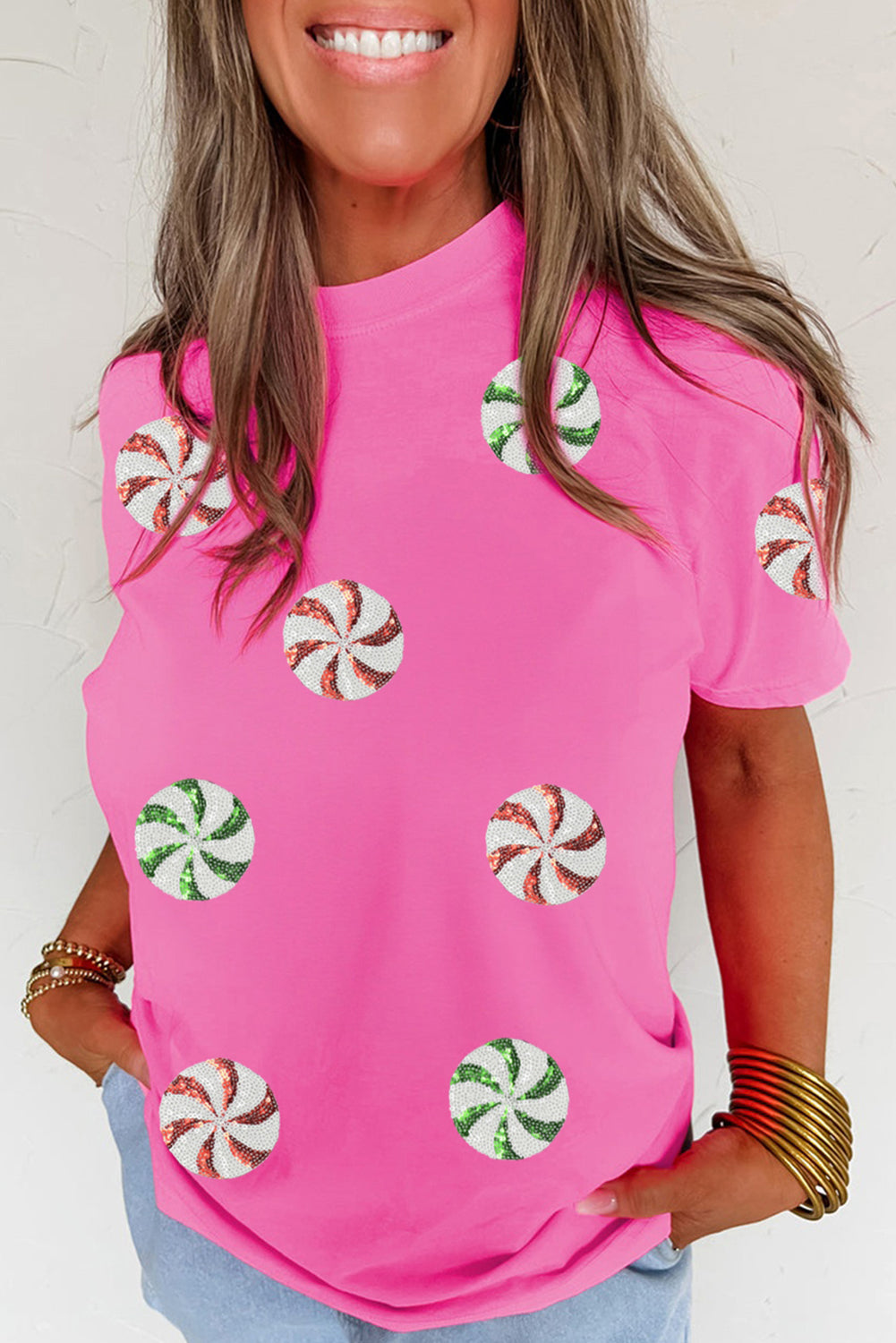 Sachet Pink Peppermint Candy Pattern Sequins Patch Christmas Custom T Shirt ec381f3fdccca653