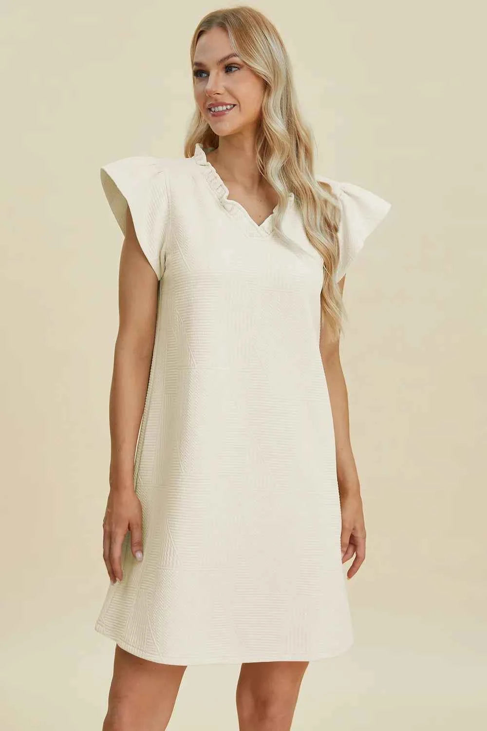 Double Take Full Size Ruffled V-Neck Cap Sleeve Dress ec39784e-3d1b-43b3-a4c0-8b60f8a27acc-Max