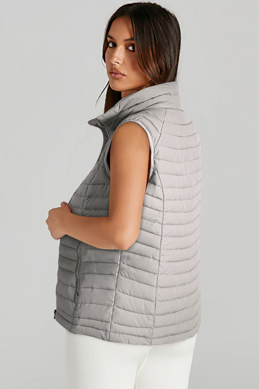 Silvery Plush Collared Quilted Zipped Puffer Vest ec3c09d5d36f1cab