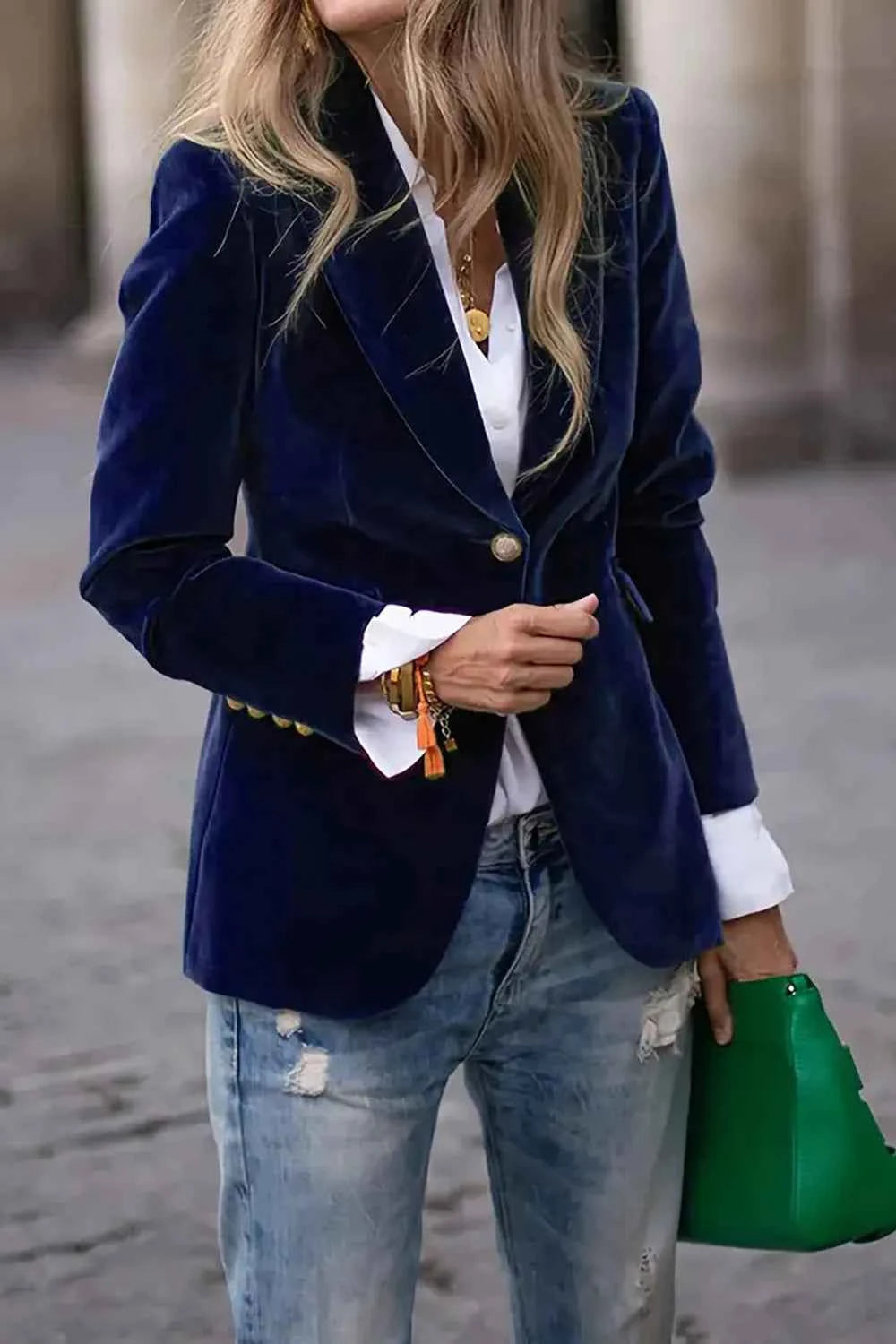 One Button Lapel Collar Long Sleeve Blazer Navy ec428f87-1ecc-46c9-be54-a3e11a47a2dd-Max