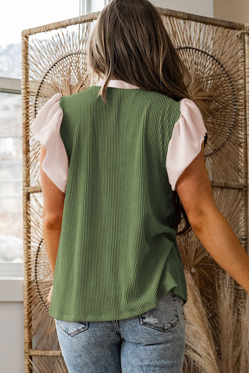 Vineyard Green Plus Size Contrast Frilled Neckline Ruffled Short Sleeve Ribbed Textured Blouse ec4529c74953bceb