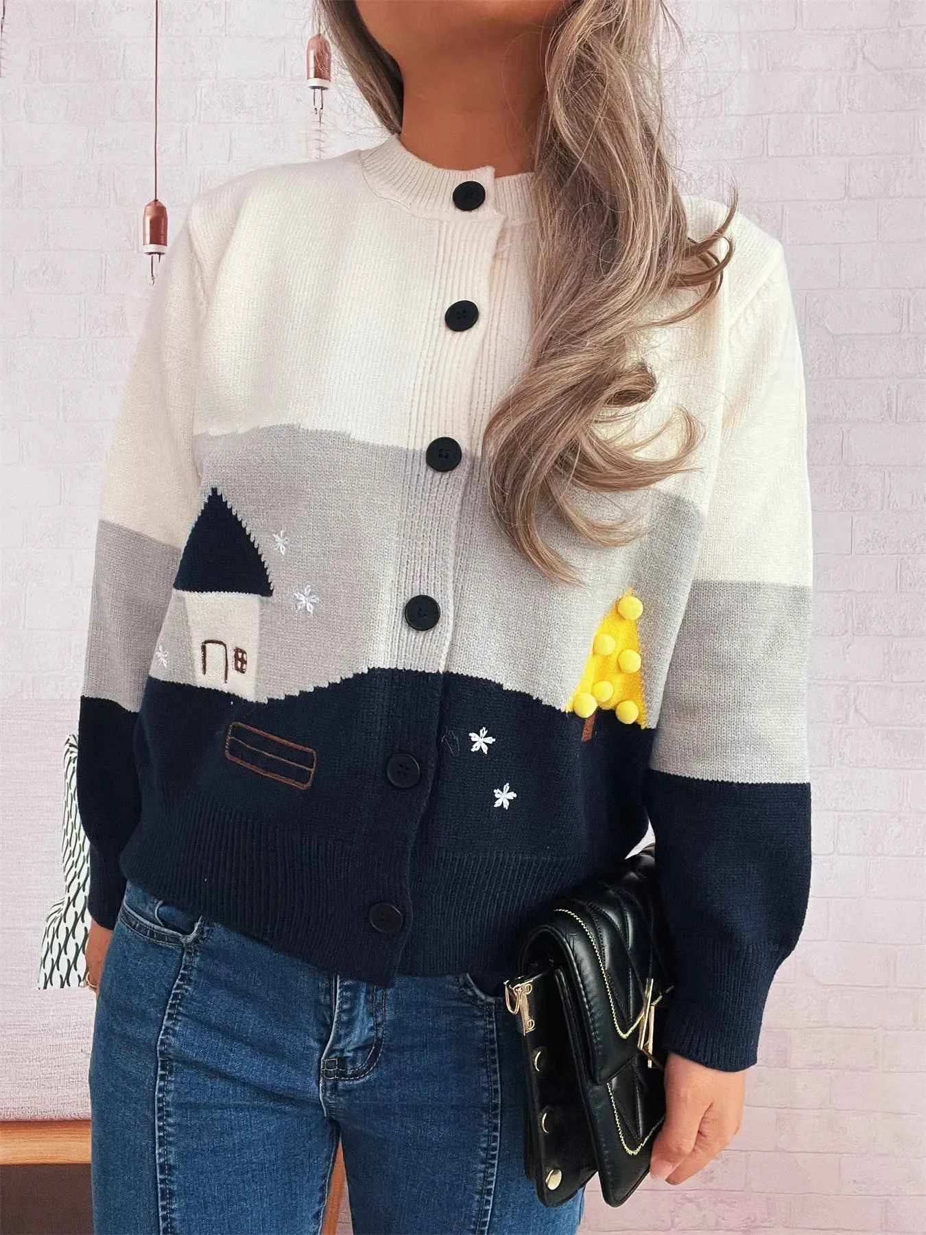 Color Block Button-Up Cardigan White One Size ec47ef5fd4a1428db1bb19247b51d8cd-Max-Origin