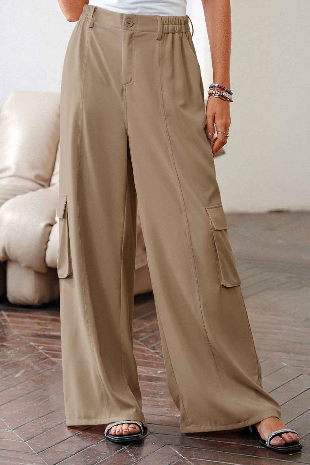Camel Solid Color Elastic High Waist Loose Cargo Pants Camel 100%Polyester ec4f6b95b84bfca8