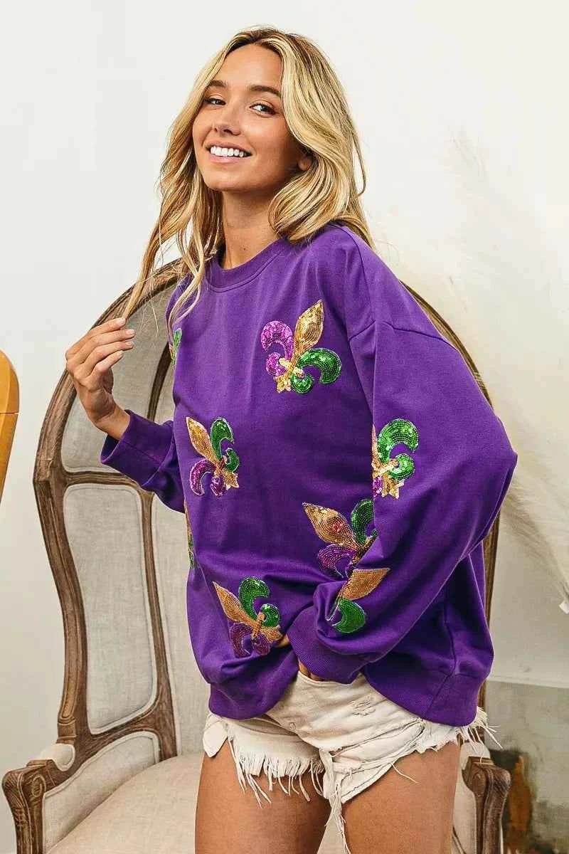 BiBi Fleur De Lis Sequin Patches Mardi Gras Sweatshirt ec531c73df684efd805d58737ccb67c5-Max-Origin