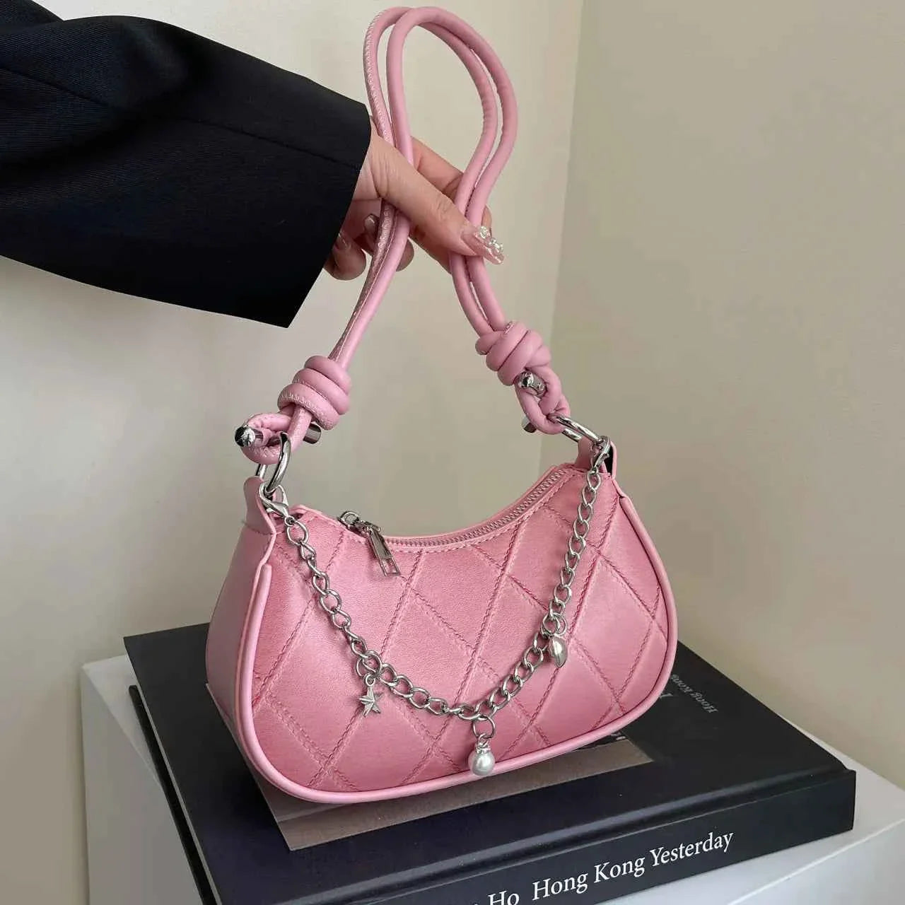 Chain Detail Crescent Shoulder Bag Hot Pink onesize ec5508b7e65543bfa5d200cbde6af755-Max-Origin