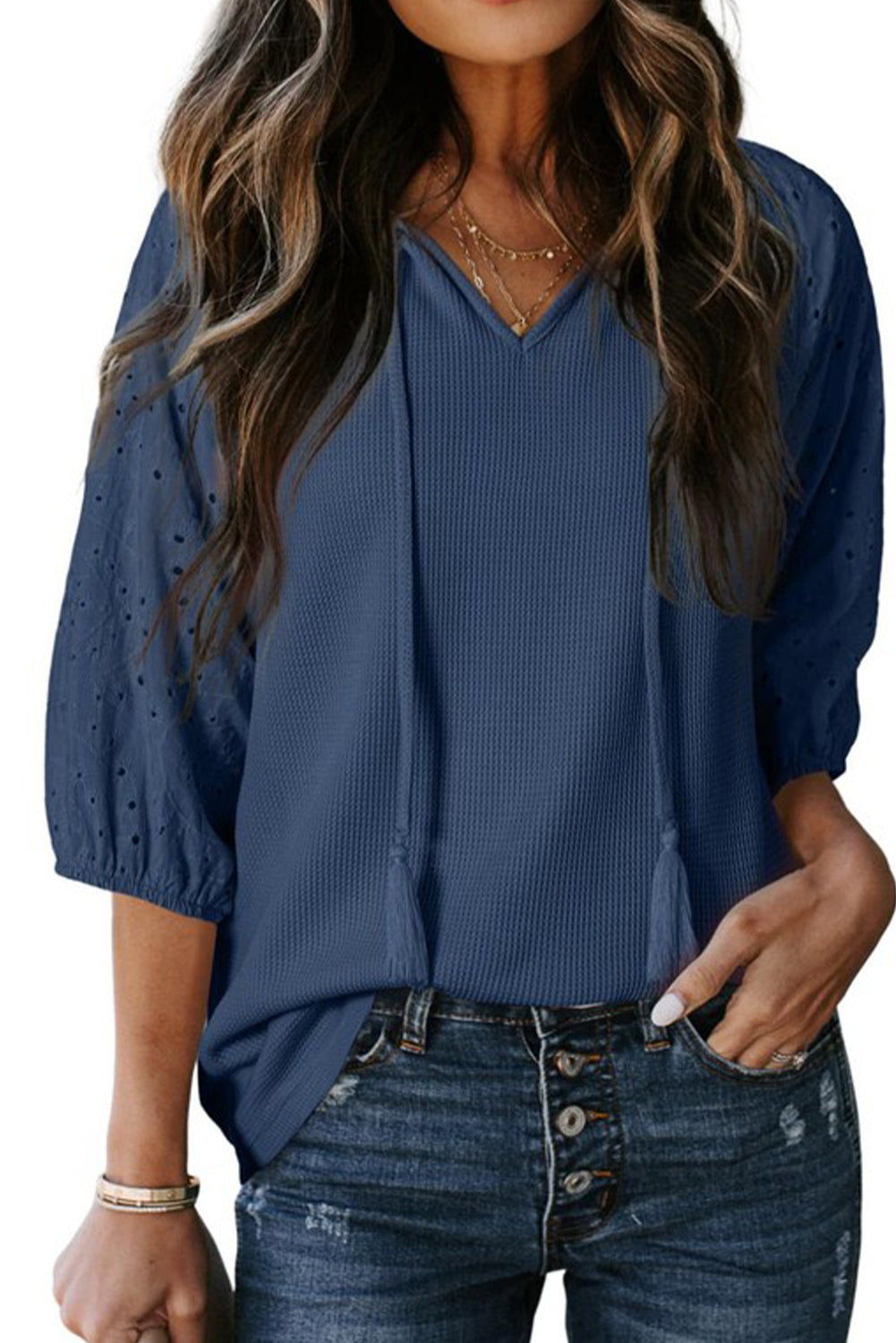 Dirty Blue Tassel Tie Neck Bracelet Sleeve Blouse ec5bd7e3cb64634b