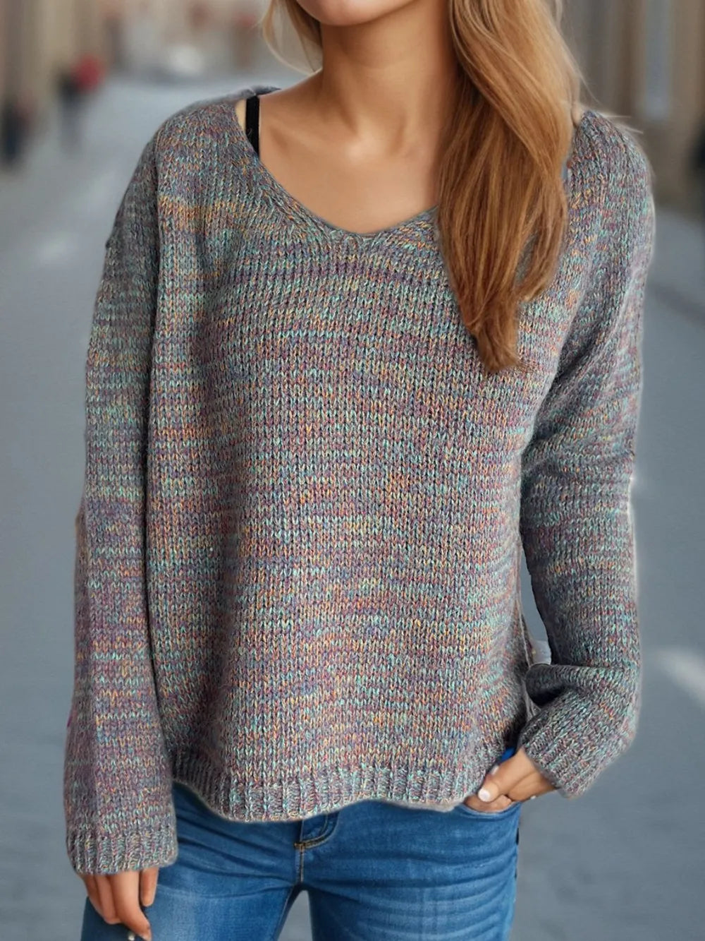 Heathered V-Neck Long Sleeve Sweater ec5c0458-d703-406d-bea1-2b20bea41e1b-Max