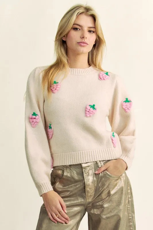Davi & Dani Crochet Strawberry Round Neck Sweater Beige ec5eb51c-1f84-49cf-9288-f5aa16bc88e4-Max