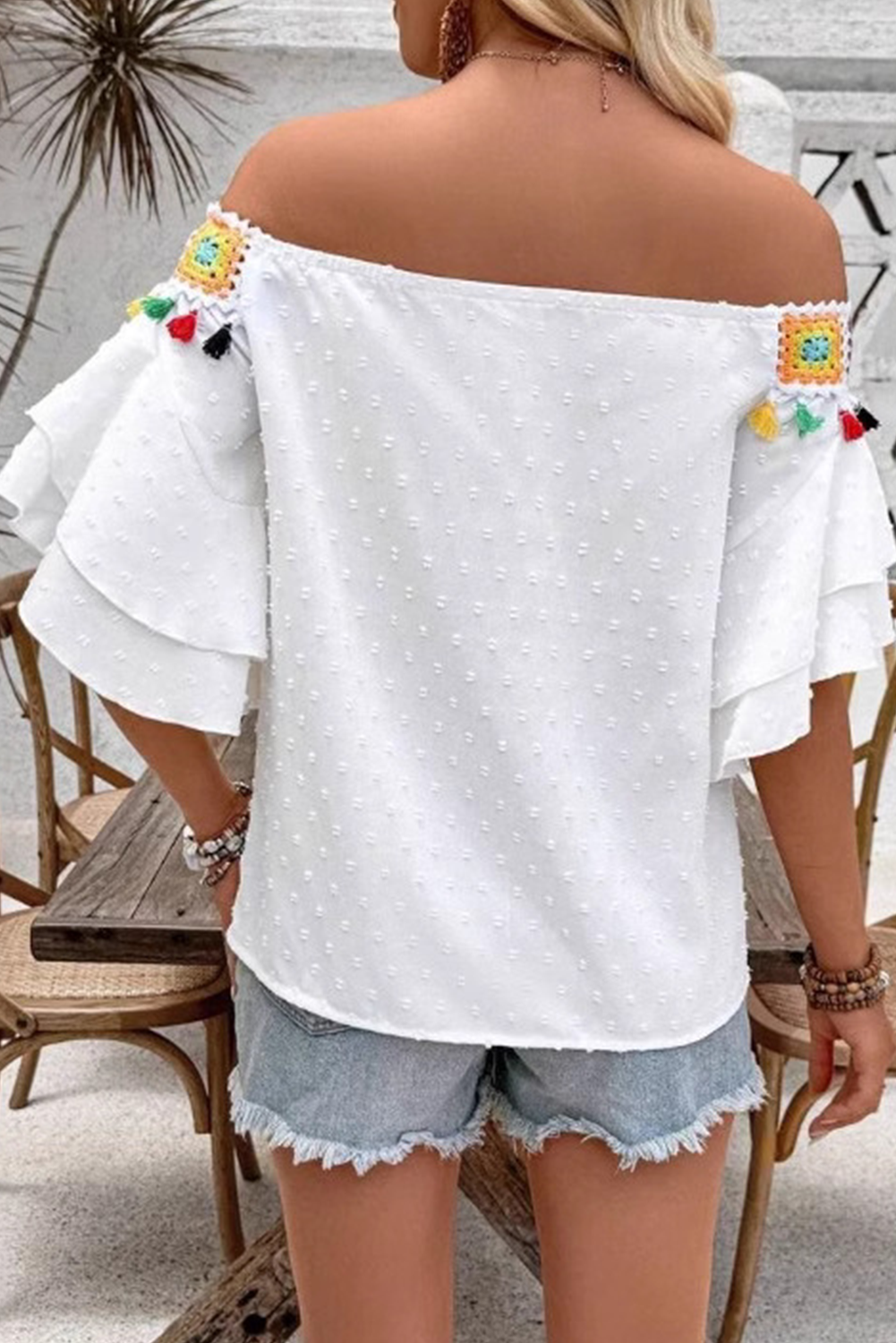 White Tassel Crochet Floral Off Shoulder Ruffle Sleeve Top ec5ff240646fa15f