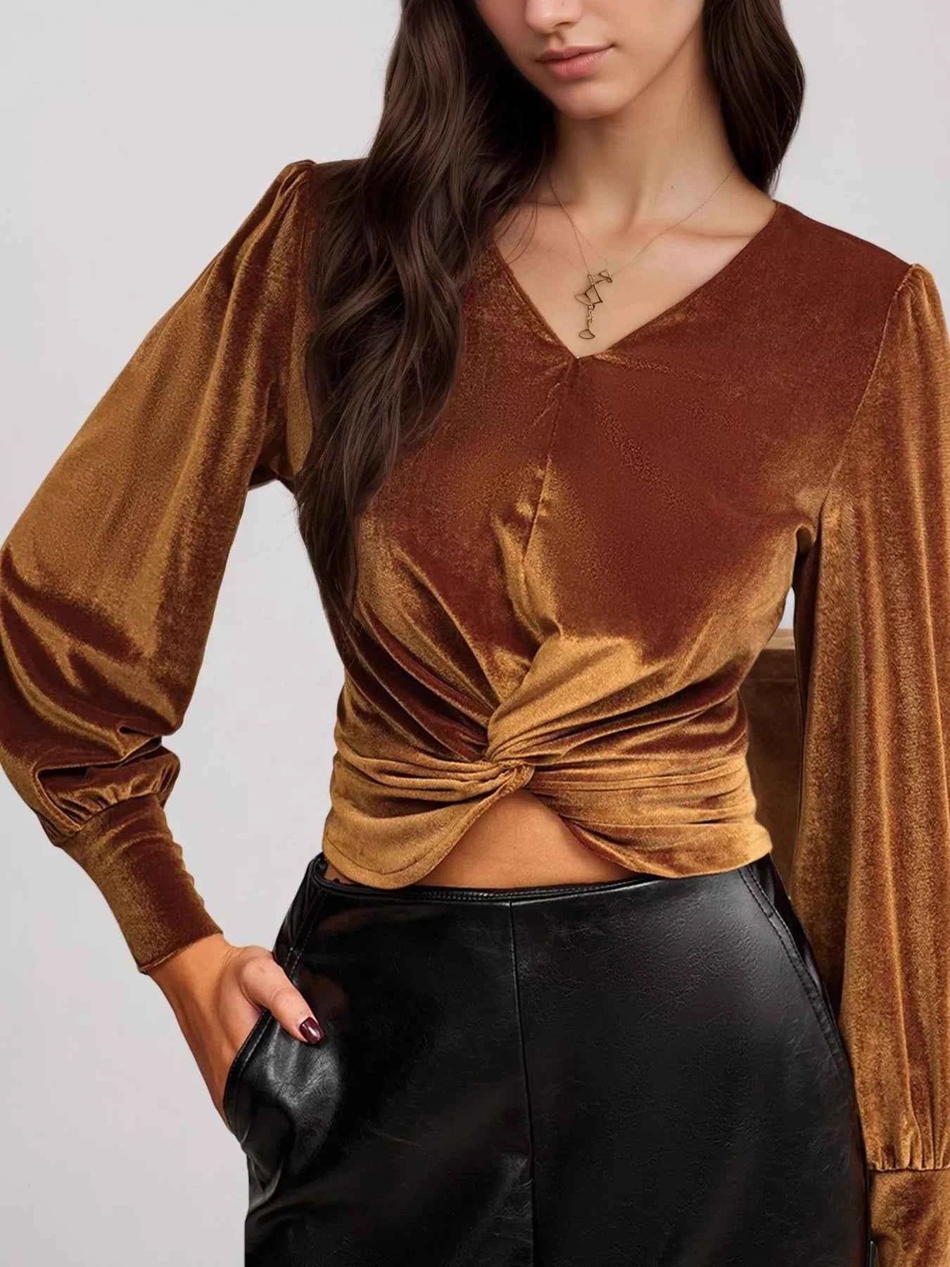 Twisted V-Neck Long Sleeve Blouse Brown ec641b1e56cb4d9f997a50e6005b7364-Max-Origin