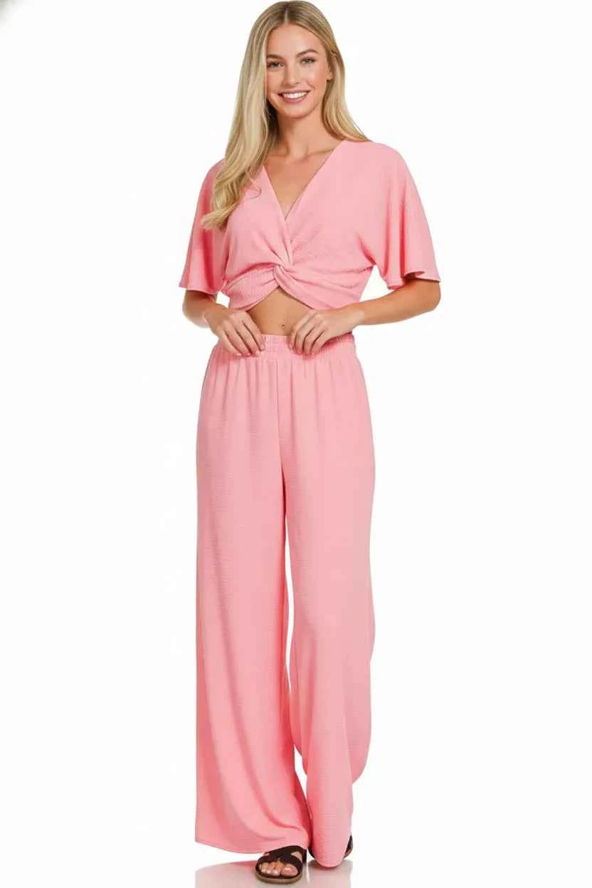 Zenana Woven Airflow Twisted Top & Wide Leg Pants Set ec6494c9-783e-4af2-b647-248e5b860366-Max-Origin