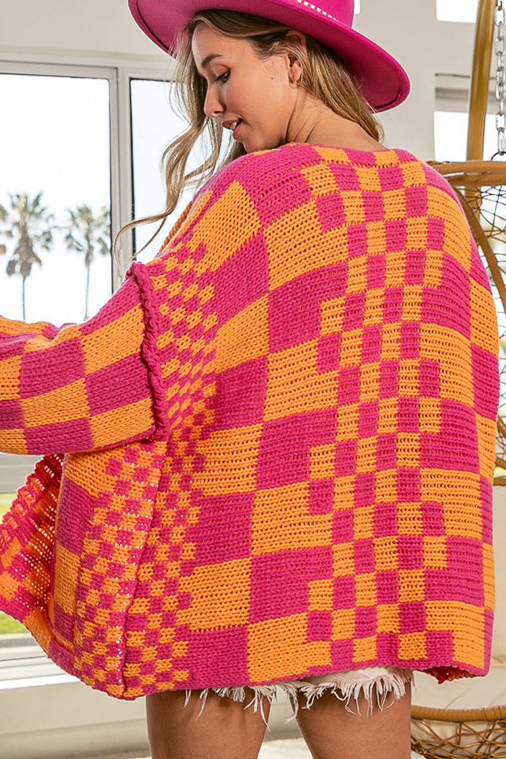 Dark Grey Colorblock Checked Loose Fit Open Front Knitted Cardigan ec677f85901c83d4