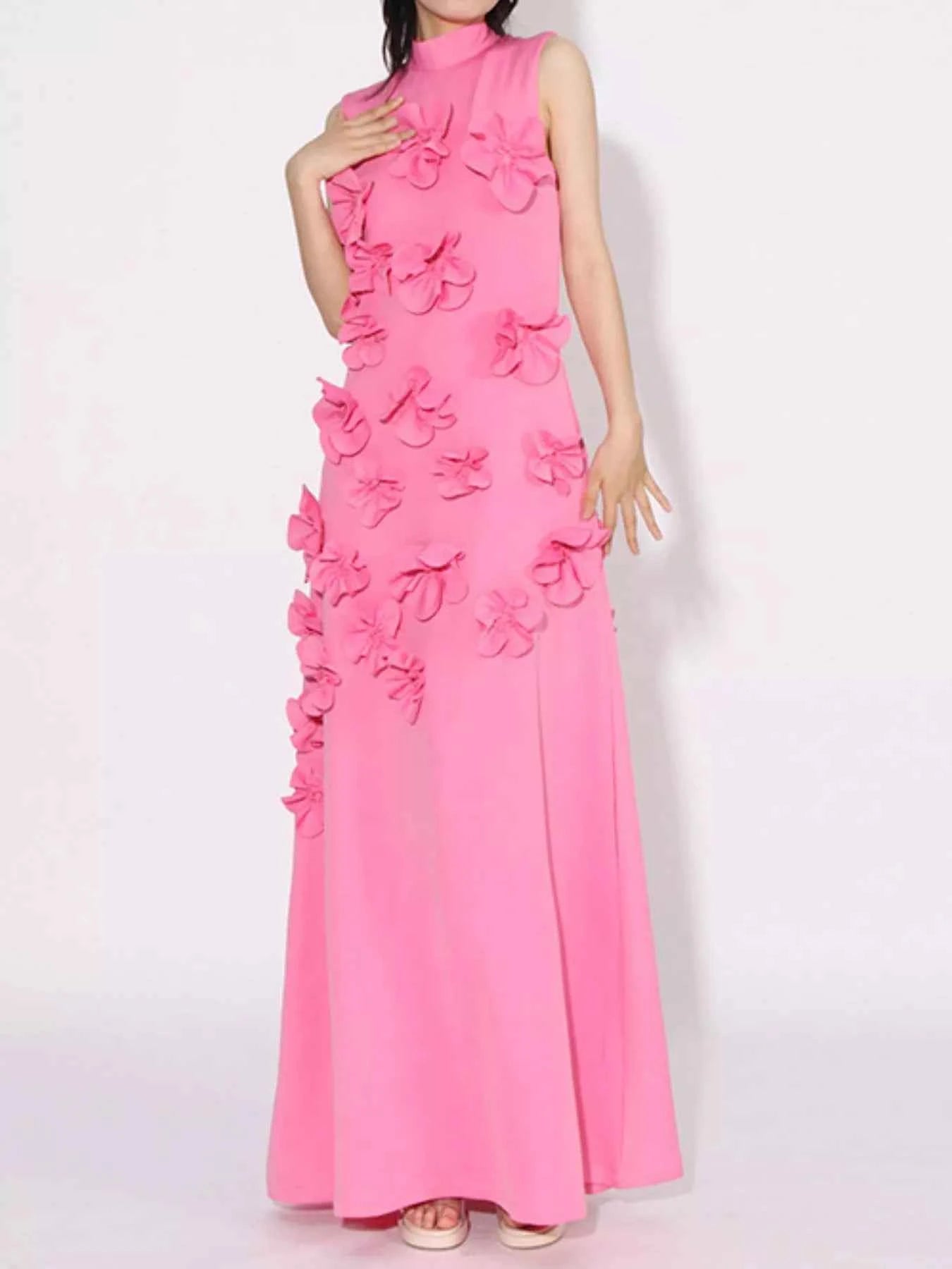 Floral Applique Mock Neck Sleeveless Maxi Dress Pink ec68cfaa-af8e-46c6-9de0-0ba2a51ecfad-Max-Origin