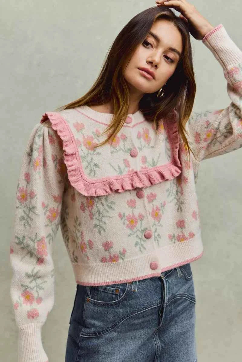 SO ME Flower With Ruffle Detailing Sweater Cardigan ec7006a8bec7478fb9433e7fd2921aeb-Max-Origin