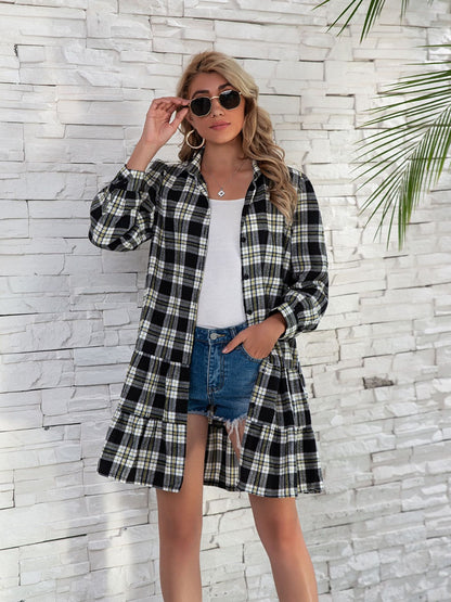 Ruffle Hem Plaid Button Down Long Sleeve Dress