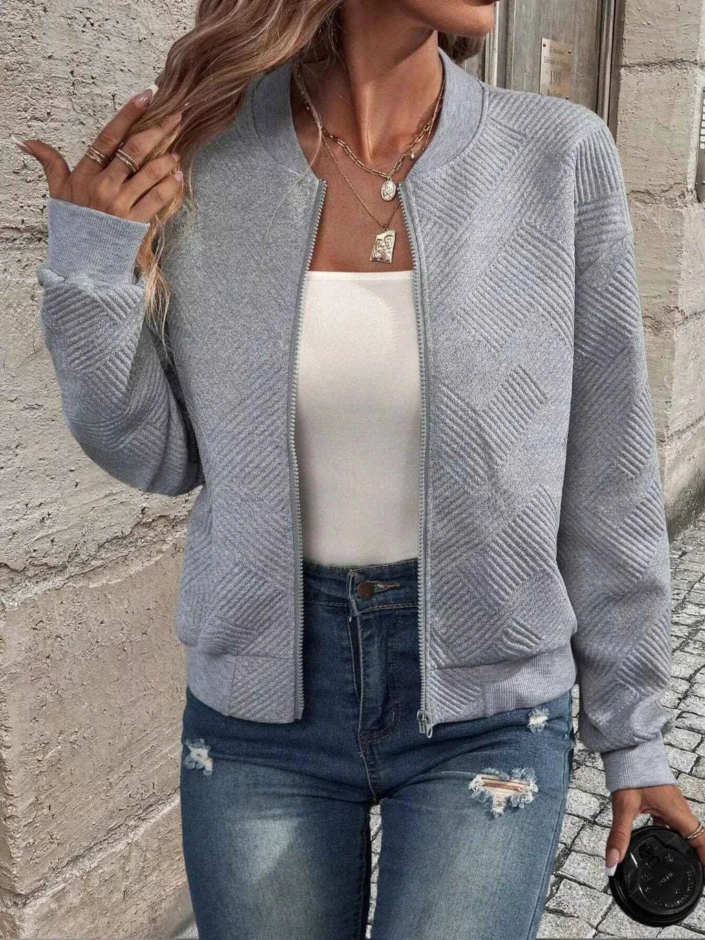 Zip-Up Textured Long Sleeve Jacket ec73df6a031f4c619e750052457c4442-Max-Origin