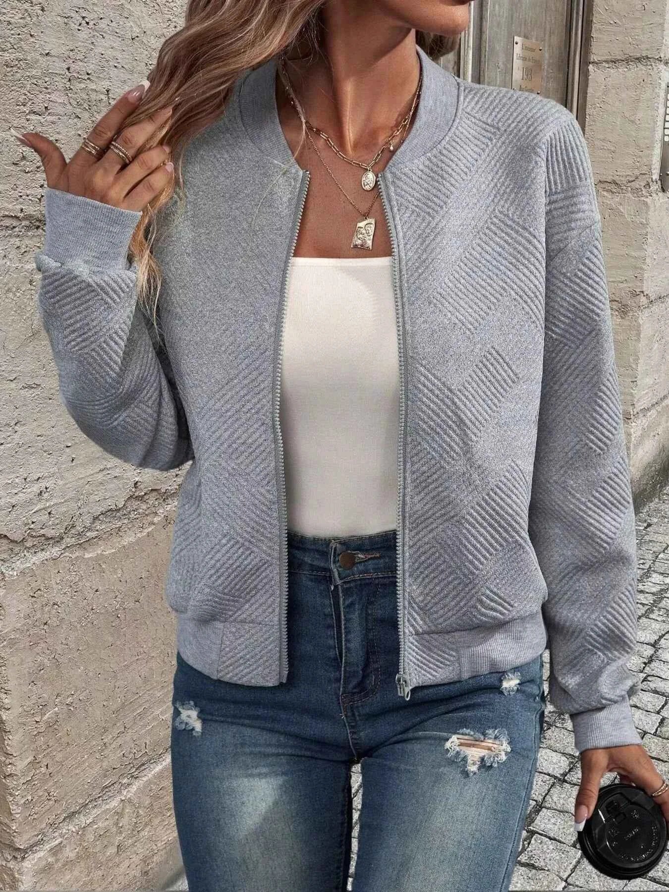 Zip-Up Textured Long Sleeve Jacket ec73df6a031f4c619e750052457c4442-Max-Origin