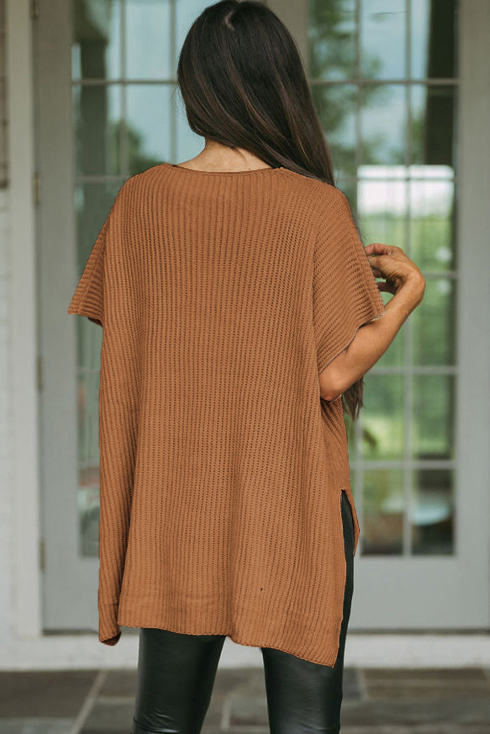 Rose Red Side Slit Short Sleeve Oversized Sweater ec779199c3daffbb