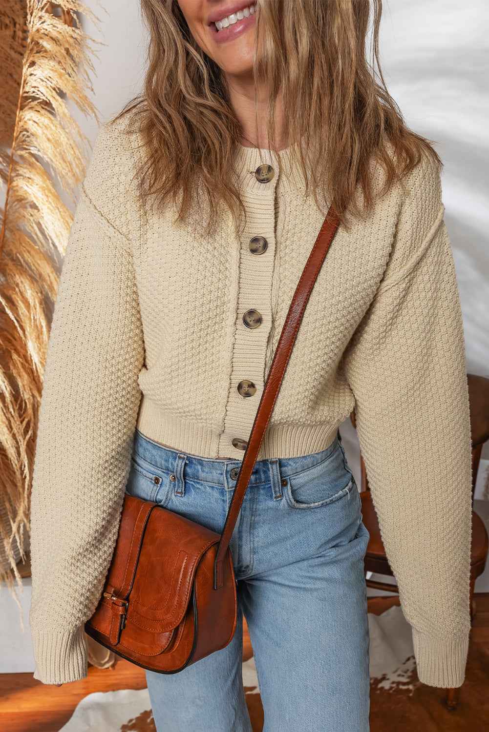 Beige Button Front Cropped Cardigan Sweater ec7a7fe24940baa1
