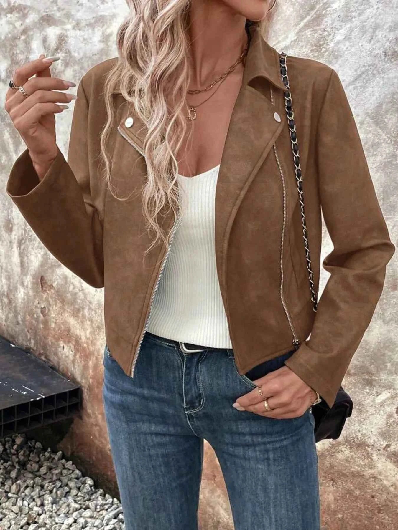 Zip Up Suede Cropped Moto Jacket