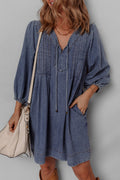Sail Blue Pleated V Neck 3/4 Sleeve Denim Mini Dress Sail Blue 100%Cotton ec84e3e29cf6b418