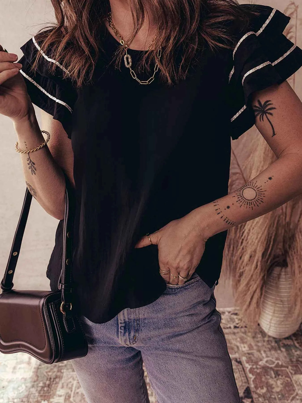 Contrast Trim Dual Ruffle Short Sleeve Textured Blouse Black ec8698598ba14c3b9e38048ec11623d6-Max-Origin