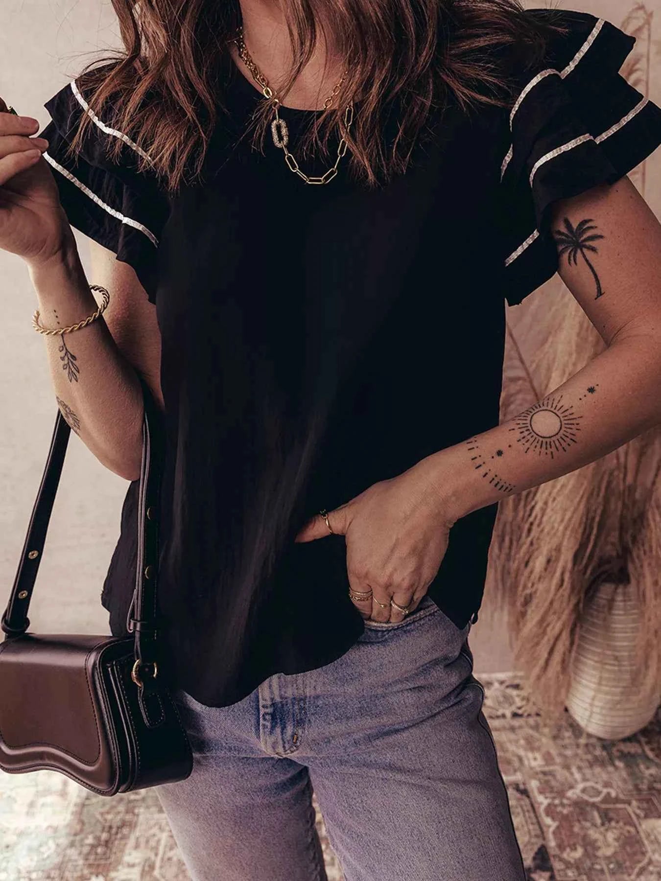 Contrast Trim Dual Ruffle Short Sleeve Textured Blouse Black ec8698598ba14c3b9e38048ec11623d6-Max-Origin