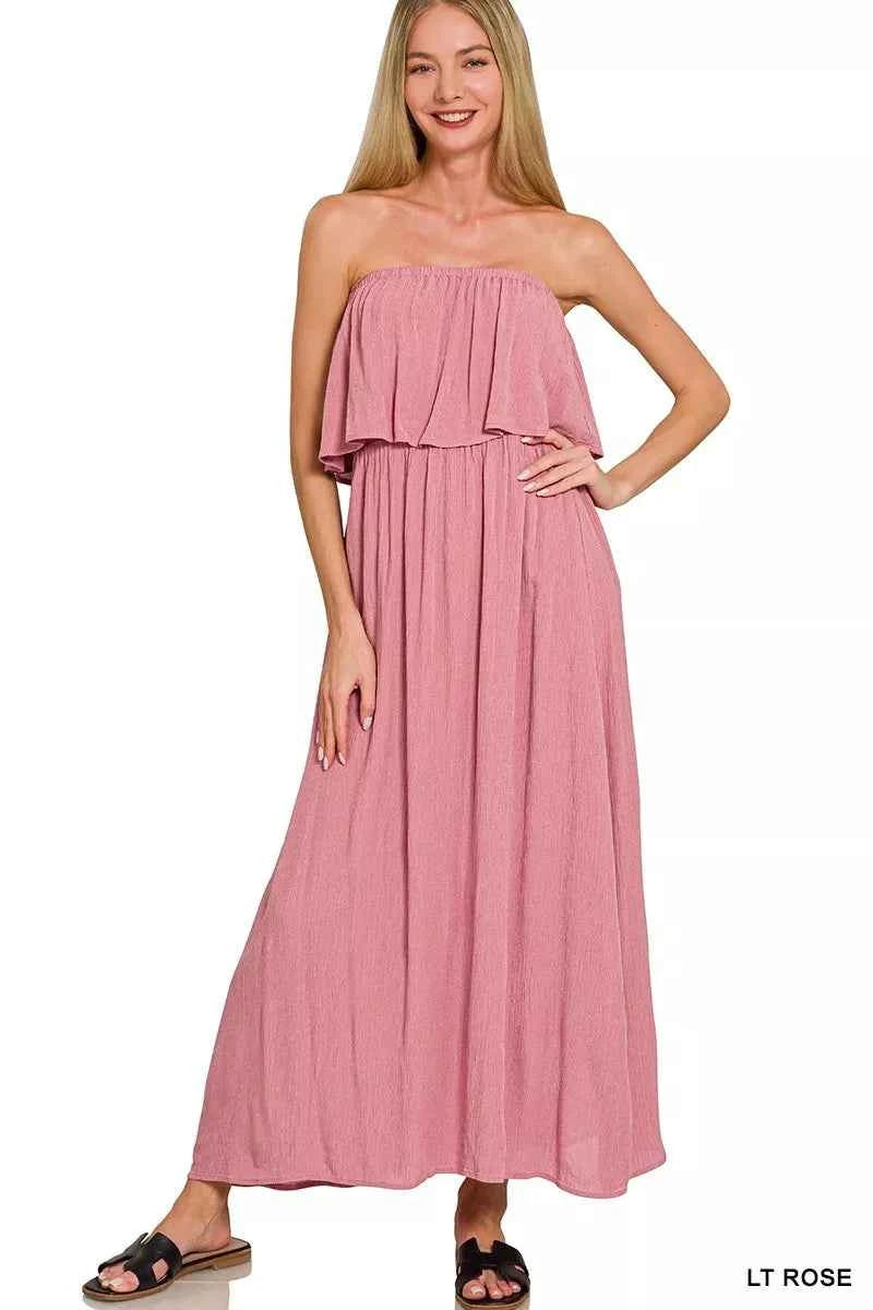Zenana Woven Crinkle Strapless Maxi Dress LT ROSE ec8f89e8ab224b08819aed3aa6467eca-Max-Origin