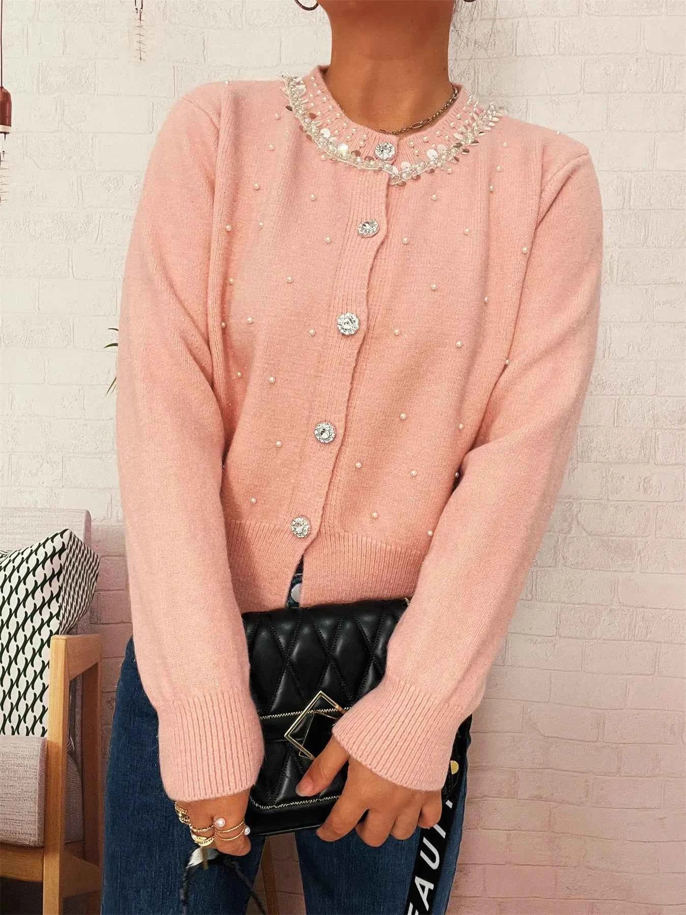 Pearl Detail Button-Front Cardigan ec955c9cec1947c4abe61614e9dd69b0-Max-Origin