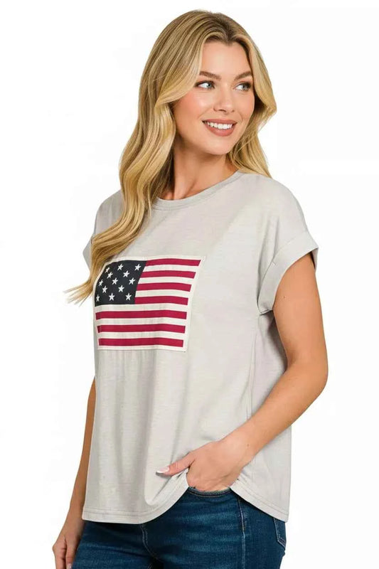 US Flag Round Neck Short Sleeve T-Shirt ec9a5267-c4de-44be-9818-45d87196cd61-Max-Origin