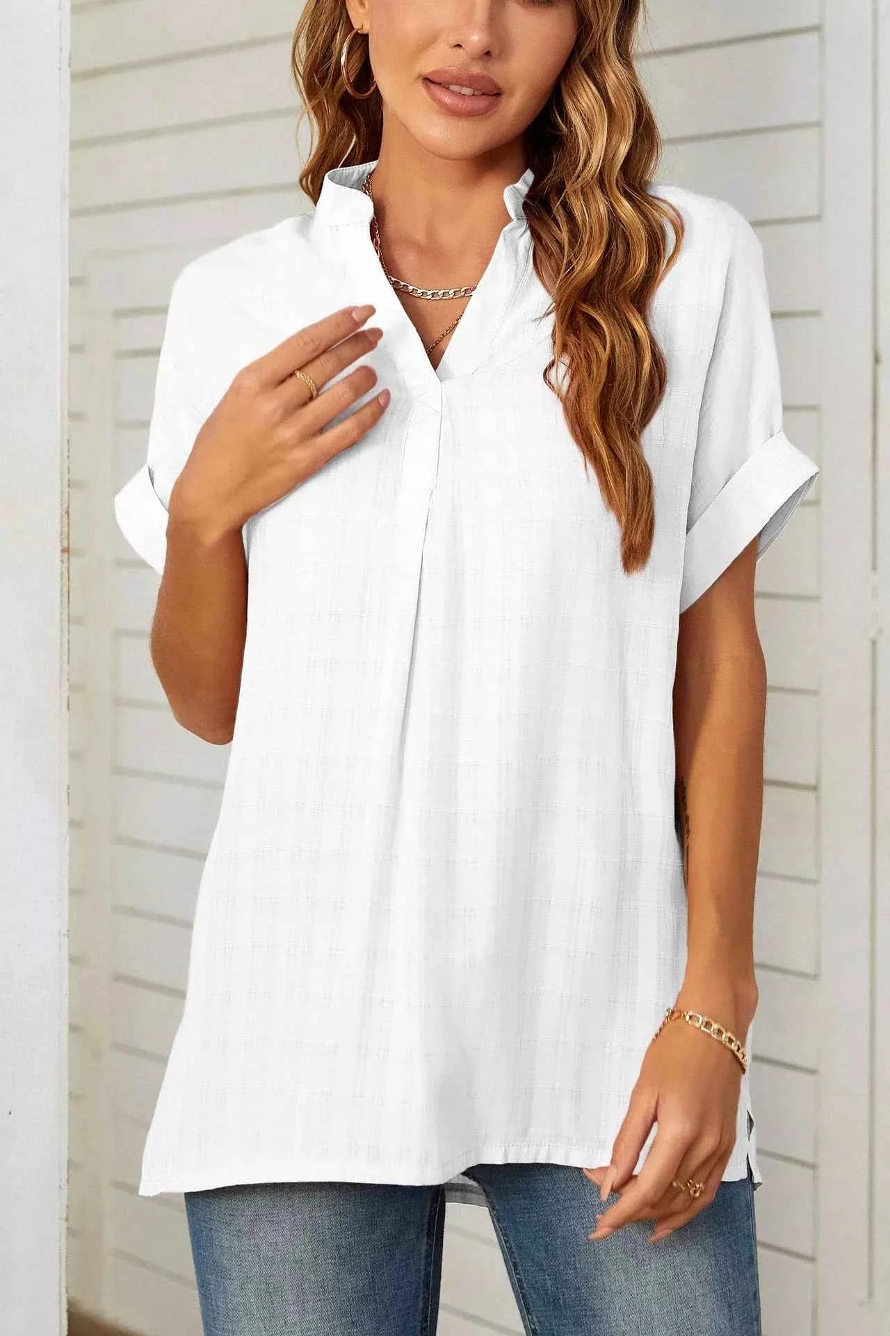 Notched Short Sleeve Blouse ec9c2aa1-24ce-4b01-8123-dc6bb2d7607c-Max-Origin