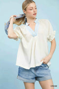 Umgee Textured V-Neck Top with Lace Trim Details CREAM ec9e6345-9330-4eb1-8f70-2d2ce722efab-Max-Origin