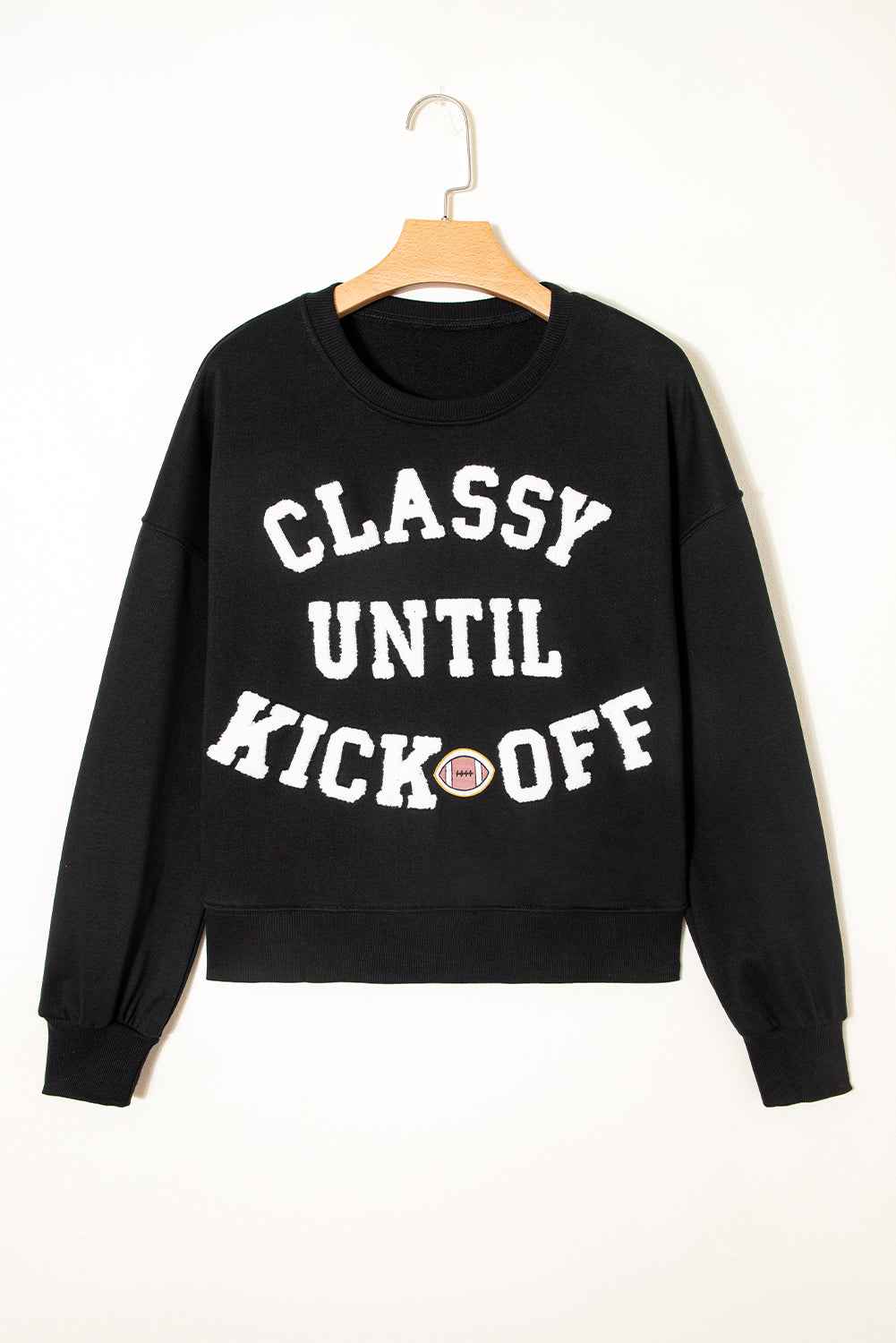 Black CLASSY UNTIL KICKOFF Plush Letter Patched Loose Sweatshirt ecae33f7e94d71ef