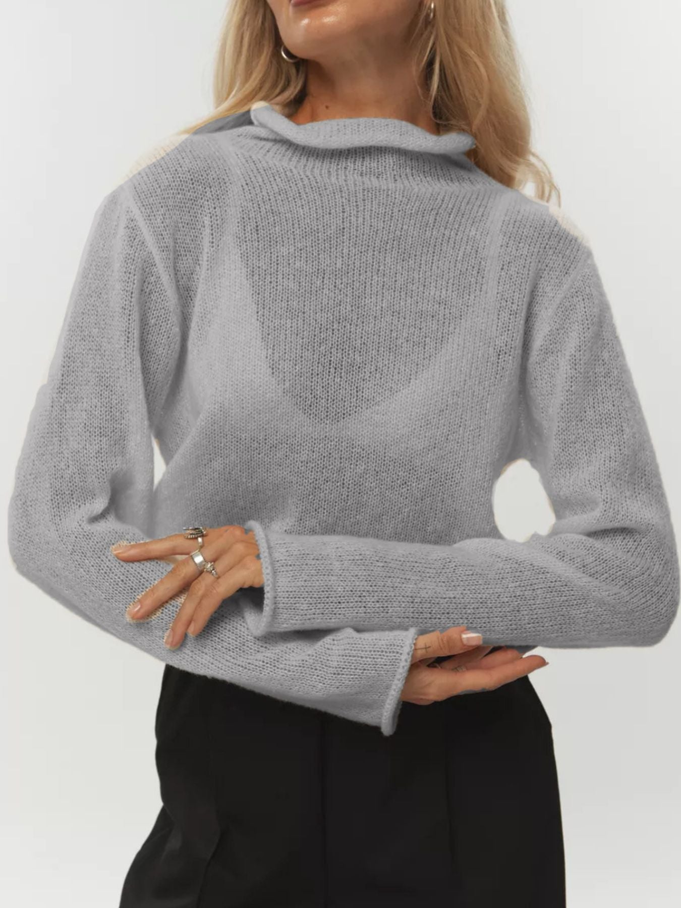 Mock Neck Long Sleeve Sweater Light Gray One Size ecb370c4-1da0-437c-b18e-ed04c38a396f-Max