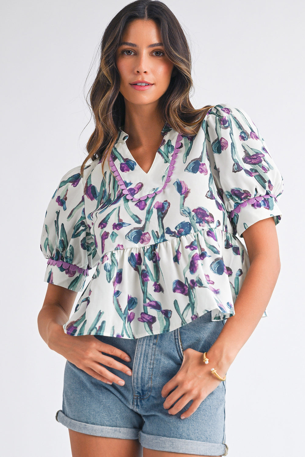 Purple Floral Ricrac Trim Puff Sleeve Peplum Blouse ecb37fd6afde6173