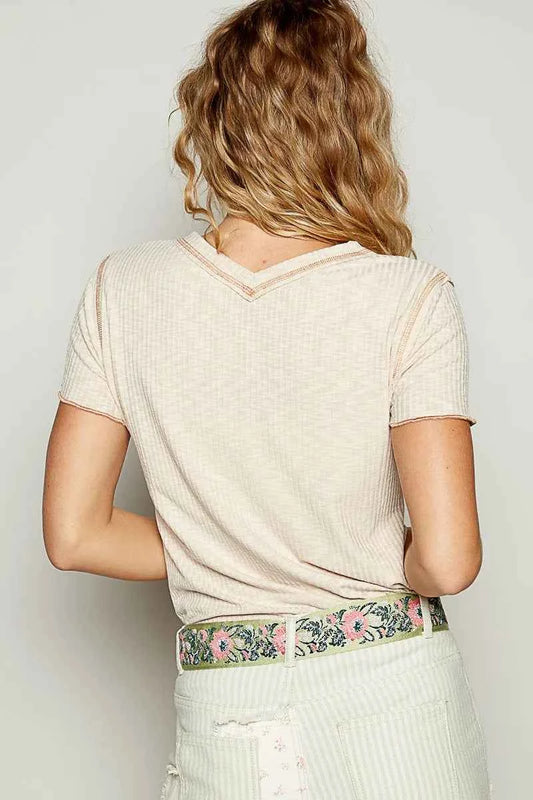 V-Neck Short Sleeve Ribbed T-Shirt with Contrast Overlock Stitching ecb6a442-9543-4889-9c54-2da18d28554d-Max-Origin