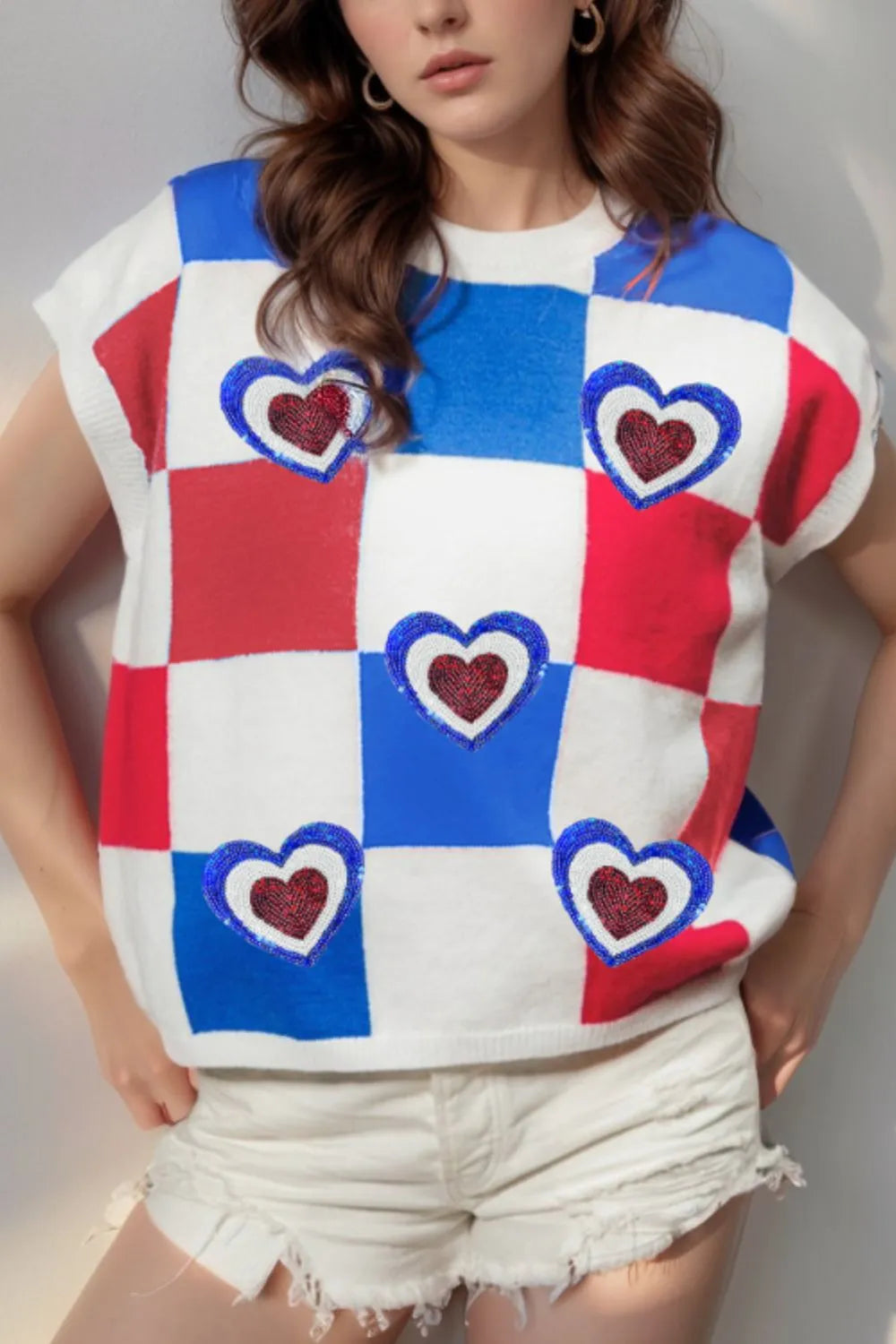 Sequin Heart Color Block Round Neck Knit Top Plaid ecb86472-0d1f-4174-8c03-aad7900f5ded-Max-Origin