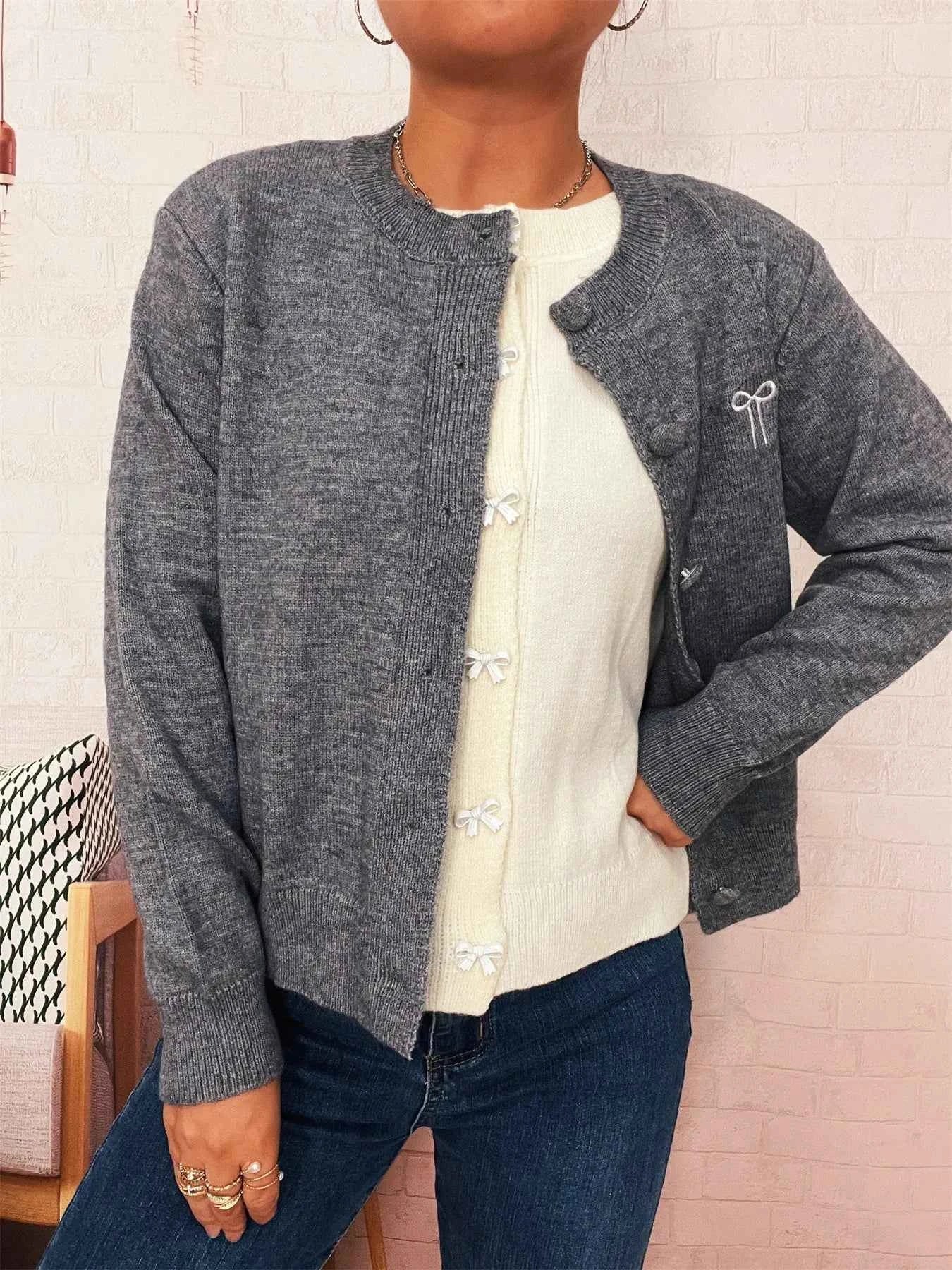 Button-Up Long Sleeve Cardigan Dark Gray One Size ecbd1dceb4a14ab4b02e75fc0ea802fa-Max-Origin