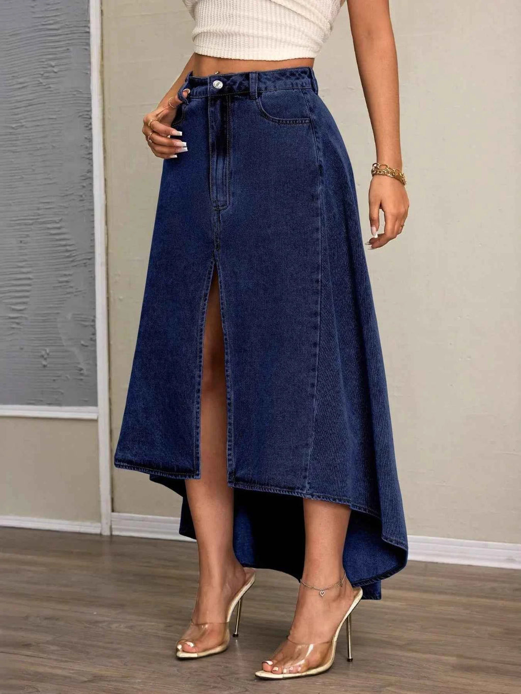 High-Low Slit Denim Skirt ecc195cda19b4157a873d928a6f0fd0f-Max-Origin