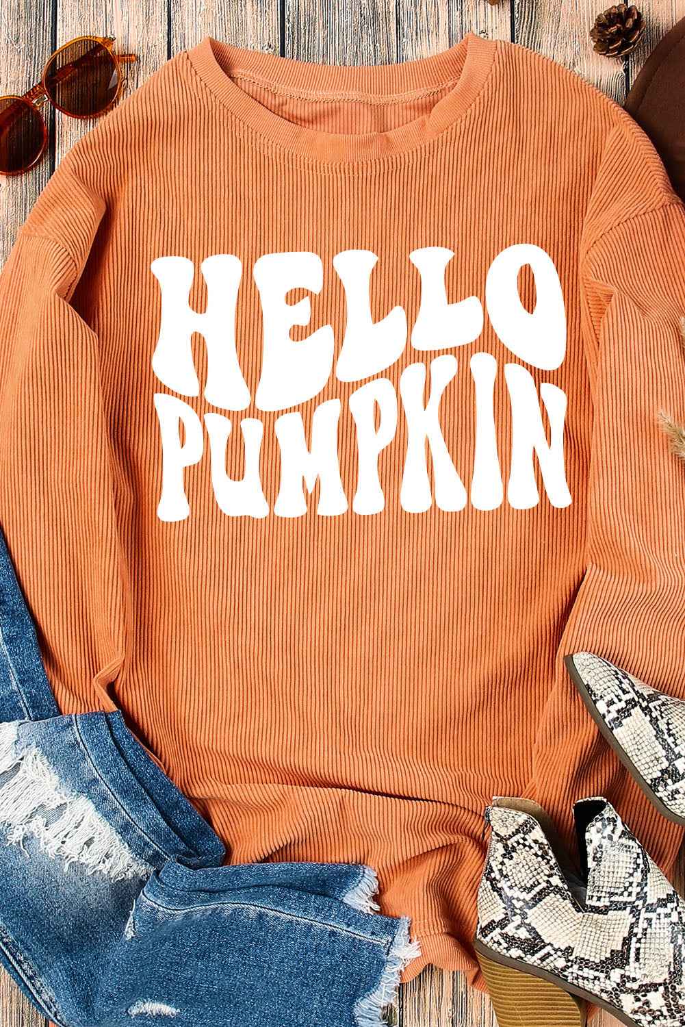 Orange HELLO PUMPKIN Letter Graphic Corded Sweatshirt Orange-3 100%Polyester ecc3c9dc0092a1db